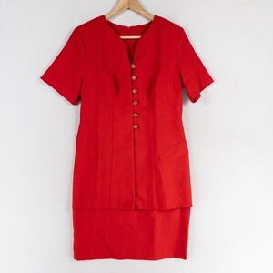 Vtg Molly Malloy Dress Sz 12 PETITE Red Sheath Layered Look Gold Buttons Classic